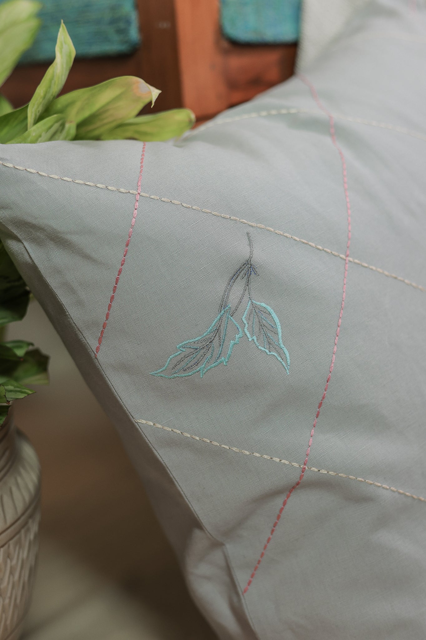 Leafy Sage Embroidered Pillow