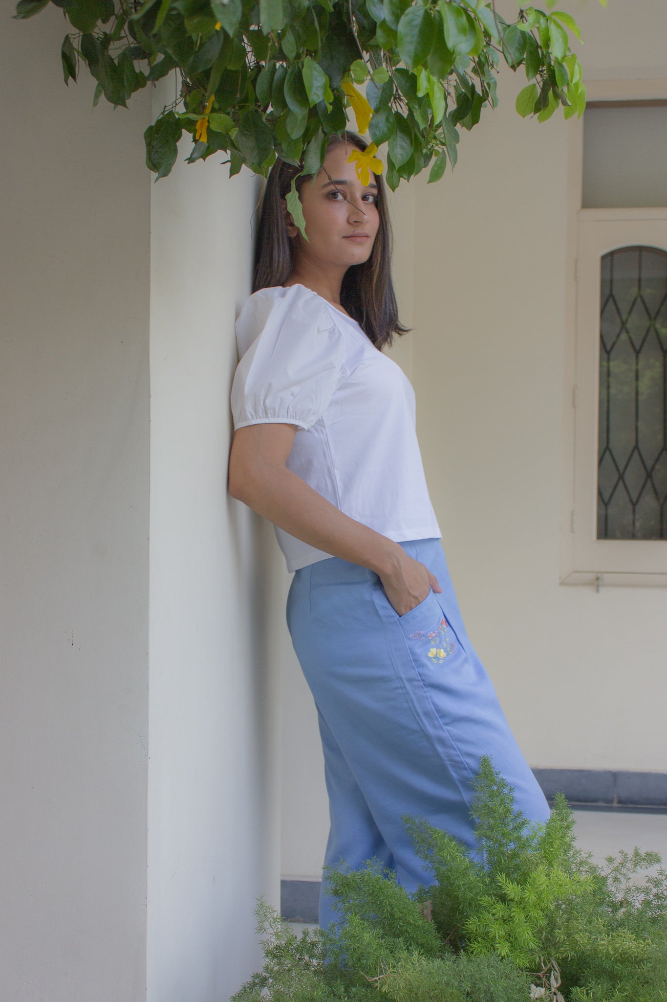 Embroidered Pants in Summer Blue