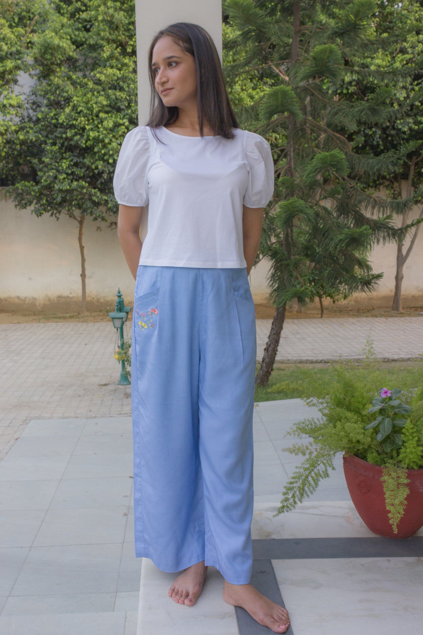 Embroidered Pants in Summer Blue