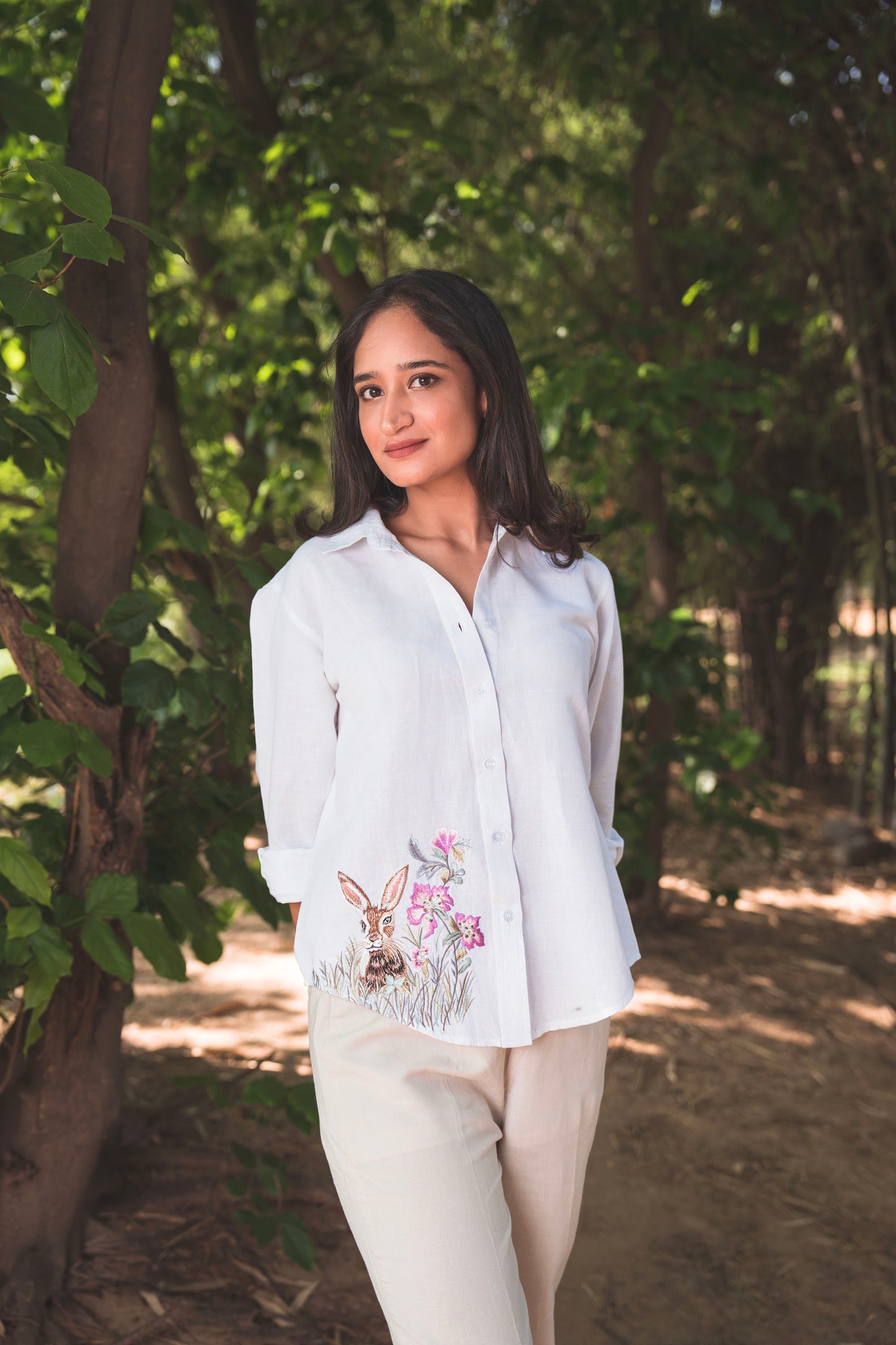 White Shirt with Embroidered Rabbit