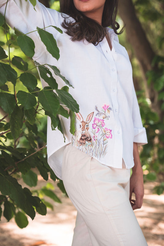 White Shirt with Embroidered Rabbit