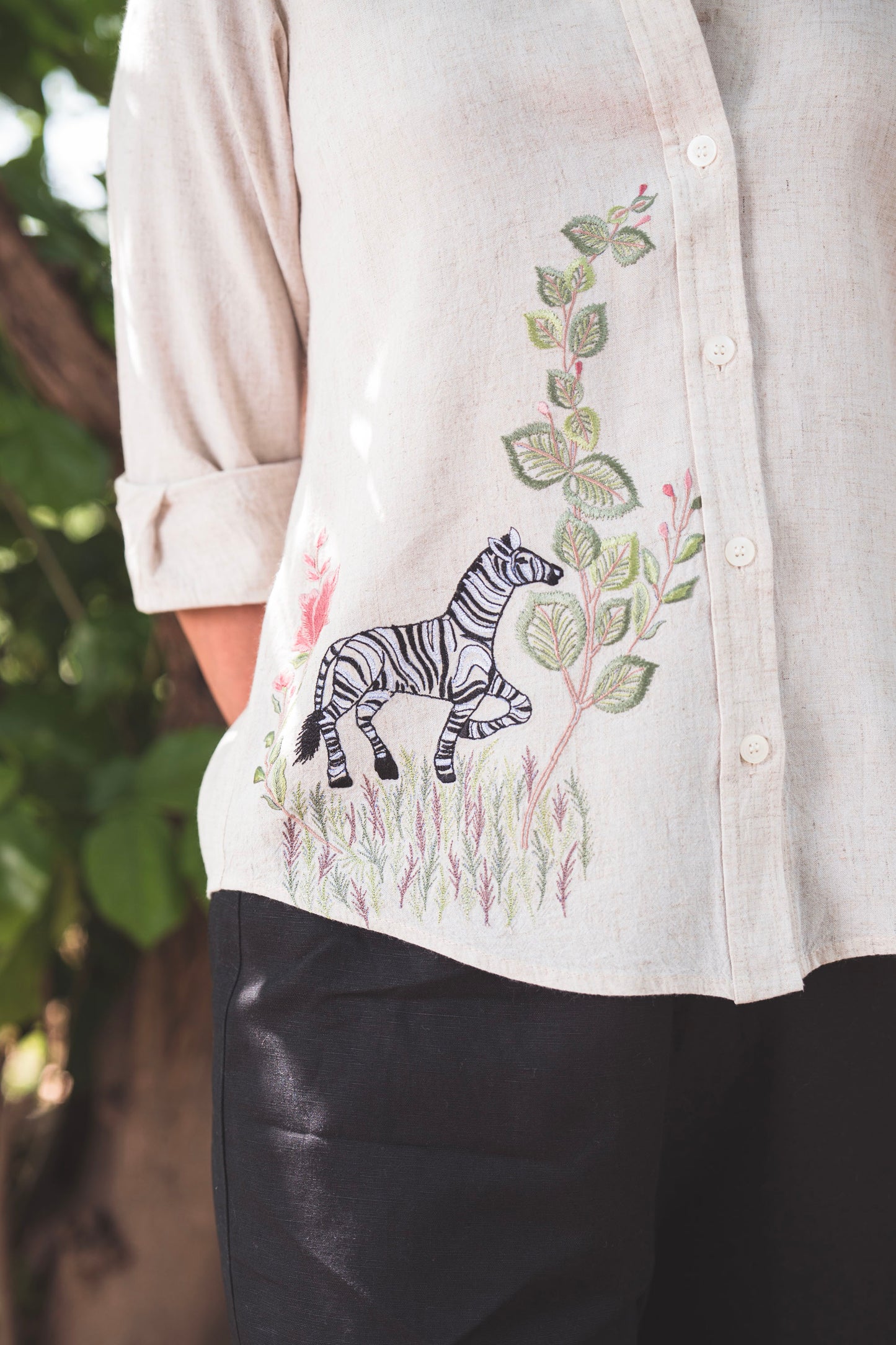 Beige Shirt with Embroidered Zebra