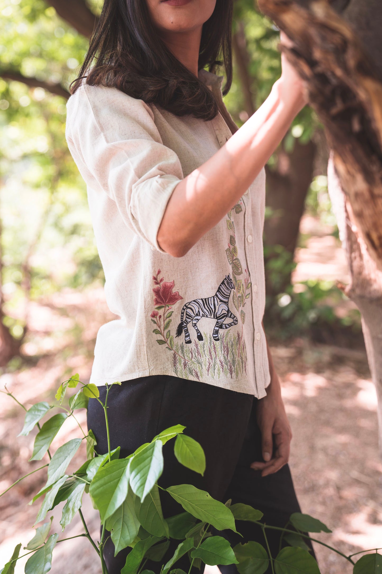 Beige Shirt with Embroidered Zebra