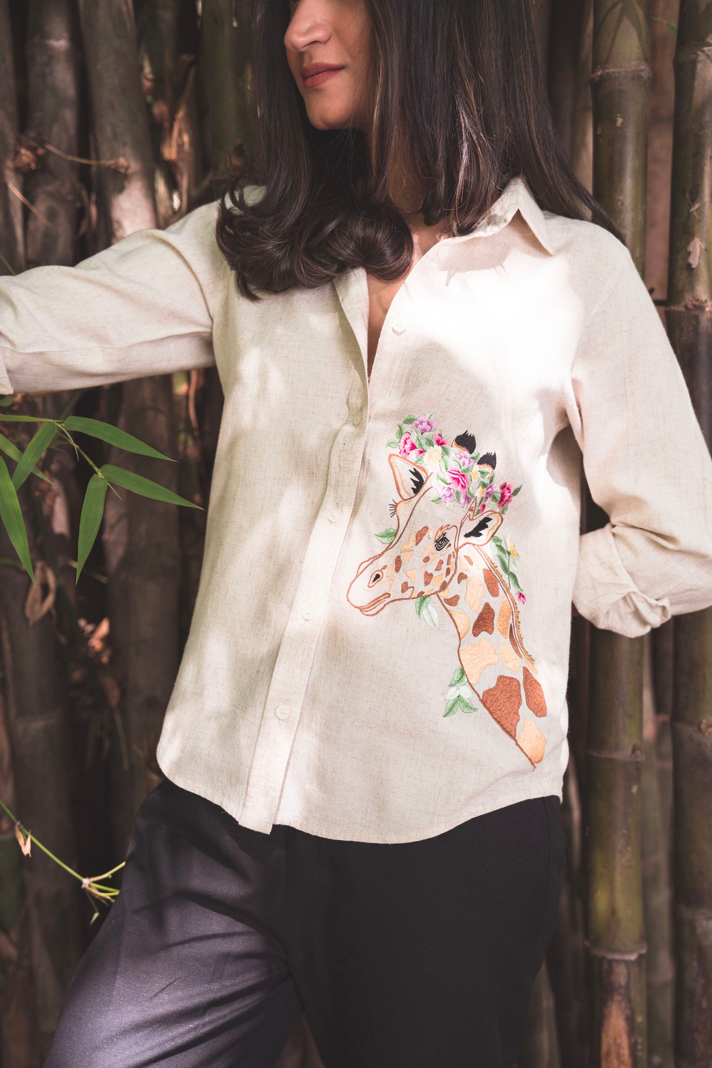 Beige Shirt with Embroidered Giraffe