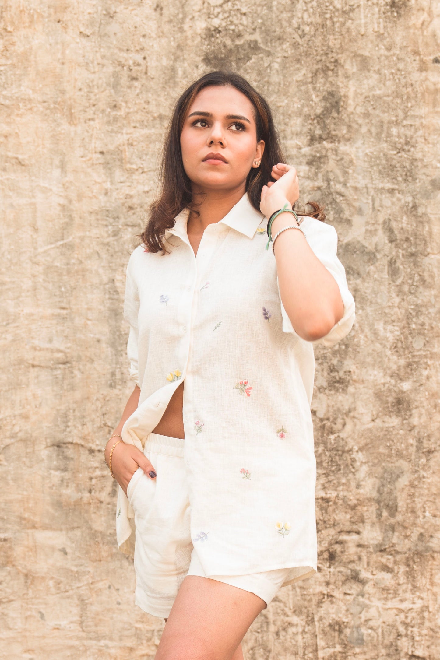 Floral Buds White Linen Shirt