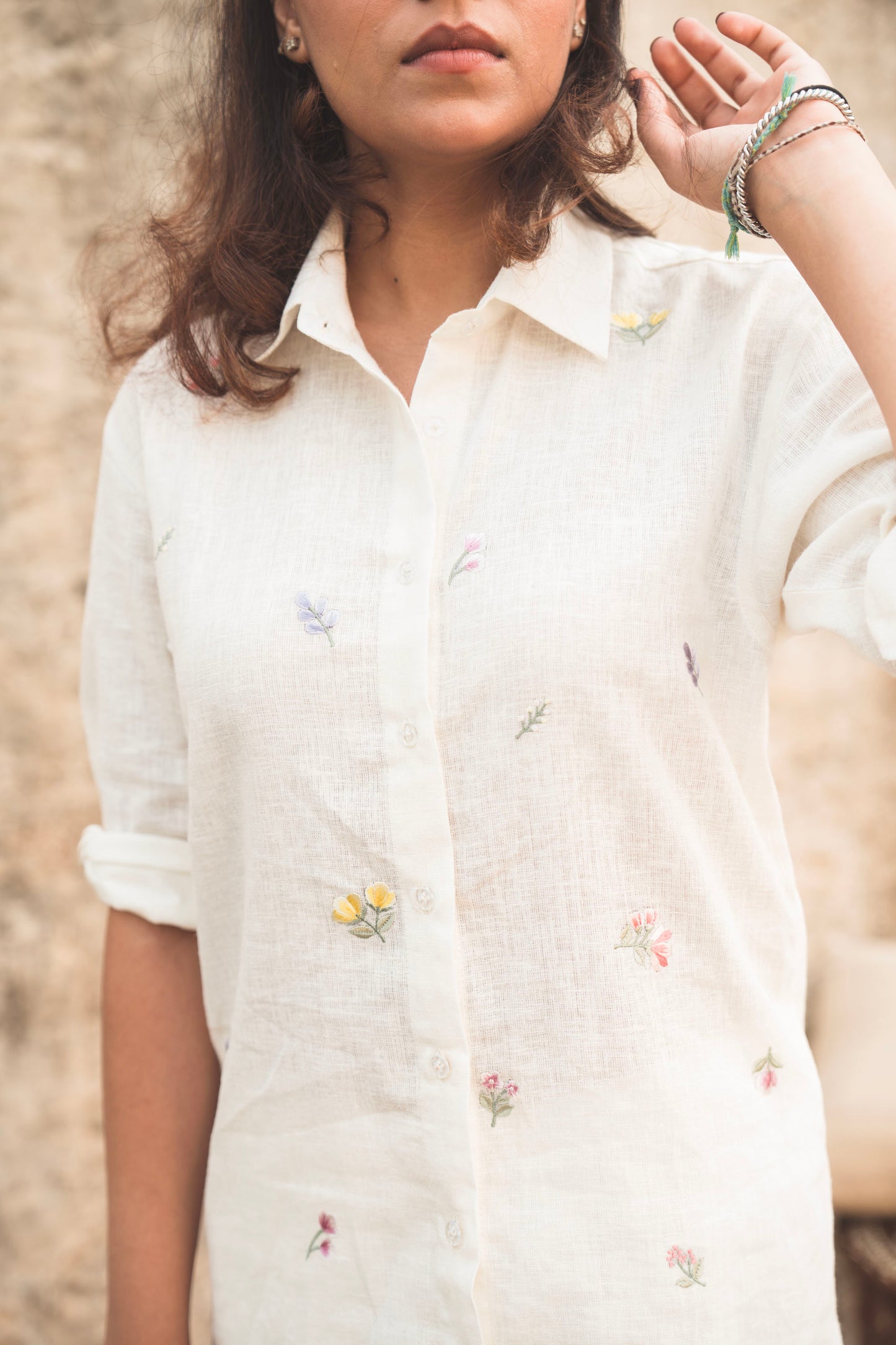 Floral Buds White Linen Shirt