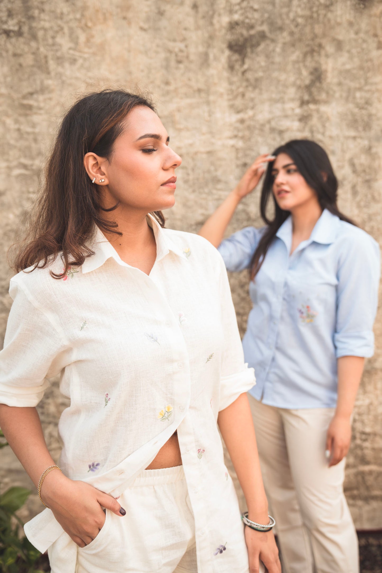 Floral Buds White Linen Shirt